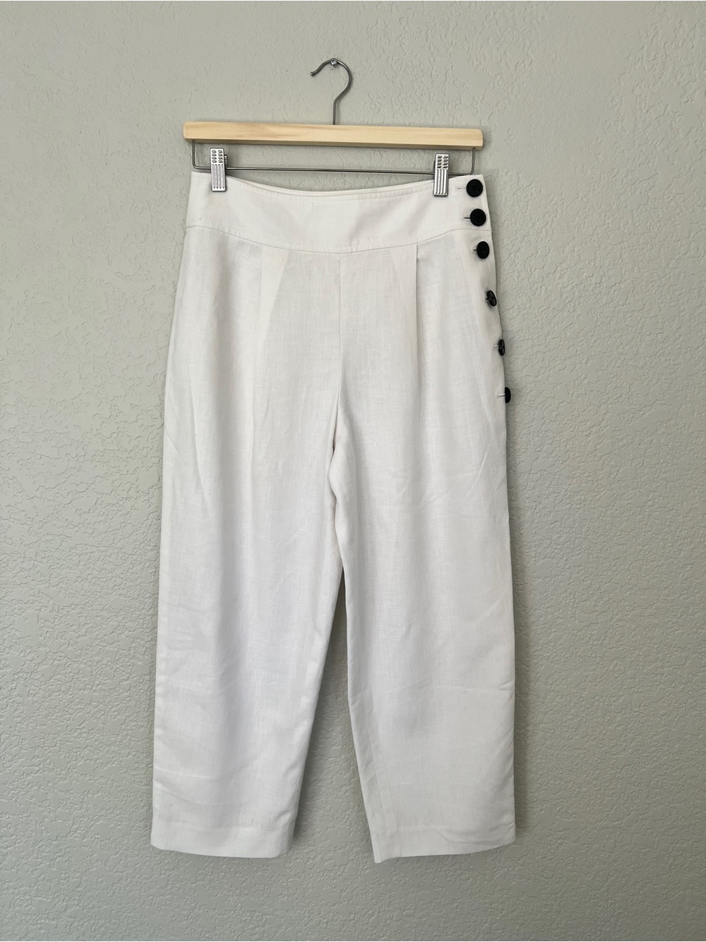 Club Monaco White High-Rise Linen Blend Cropped Wide-Leg Pants with Side Buttons